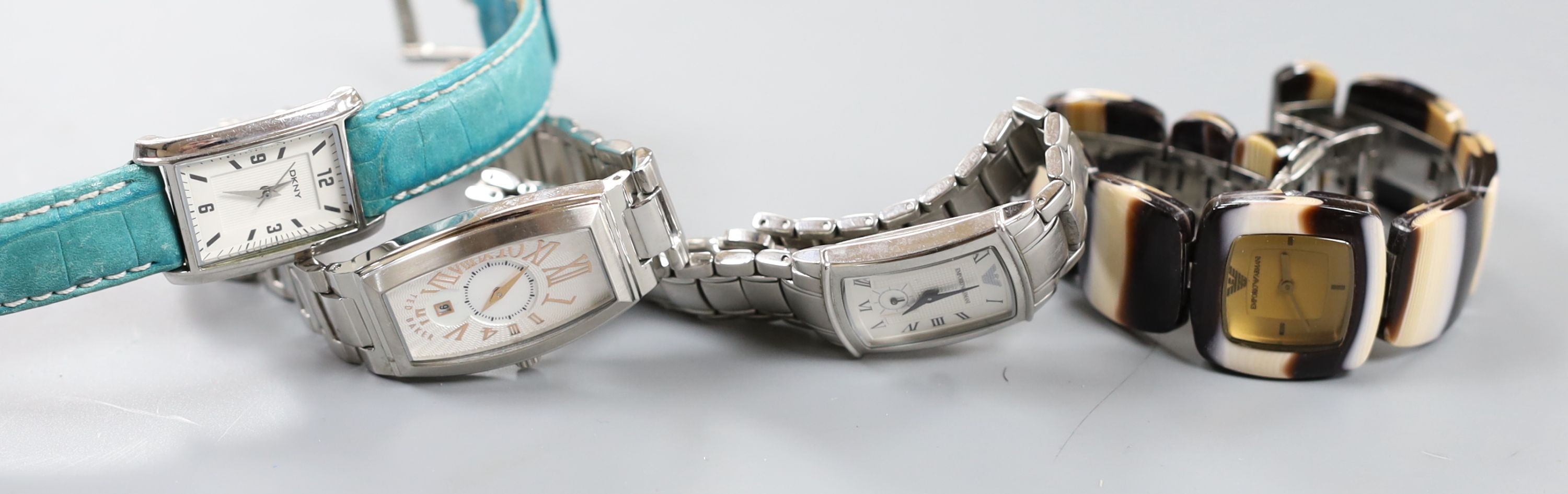 Four lady's modern quartz wrist watches, to include Ted Baker, DKNY and Emporio Armani(2), no boxes or papers.